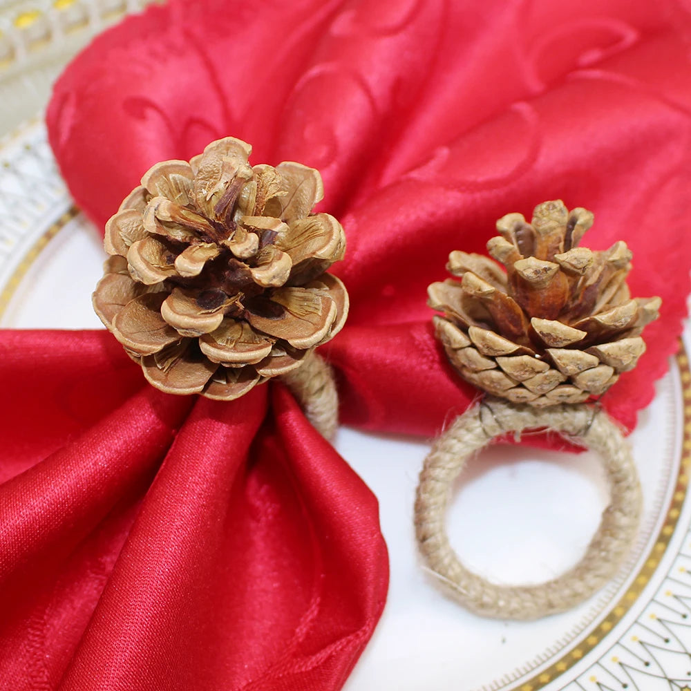 24Pcs Pine Cones Napkin Rings Christmas Handmade Napkin Holder for Thanksgiving Christmas Wedding Party Family Gathering Decor