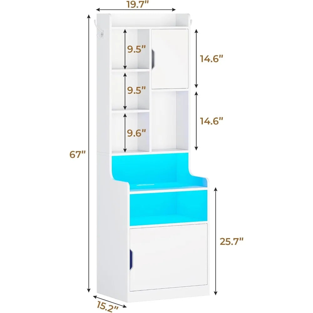 67Tall Nightstand Set of2 with Charging Station,Large Night Stand with Bookshelf&Storage Cabinets,LED Bedside Table with Shelves