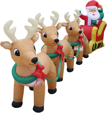 12 Foot Long Lighted Christmas Inflatable Santa Claus on Sleigh with 3 Reindeer Lights Decor Outdoor Indoor Holiday Decorations