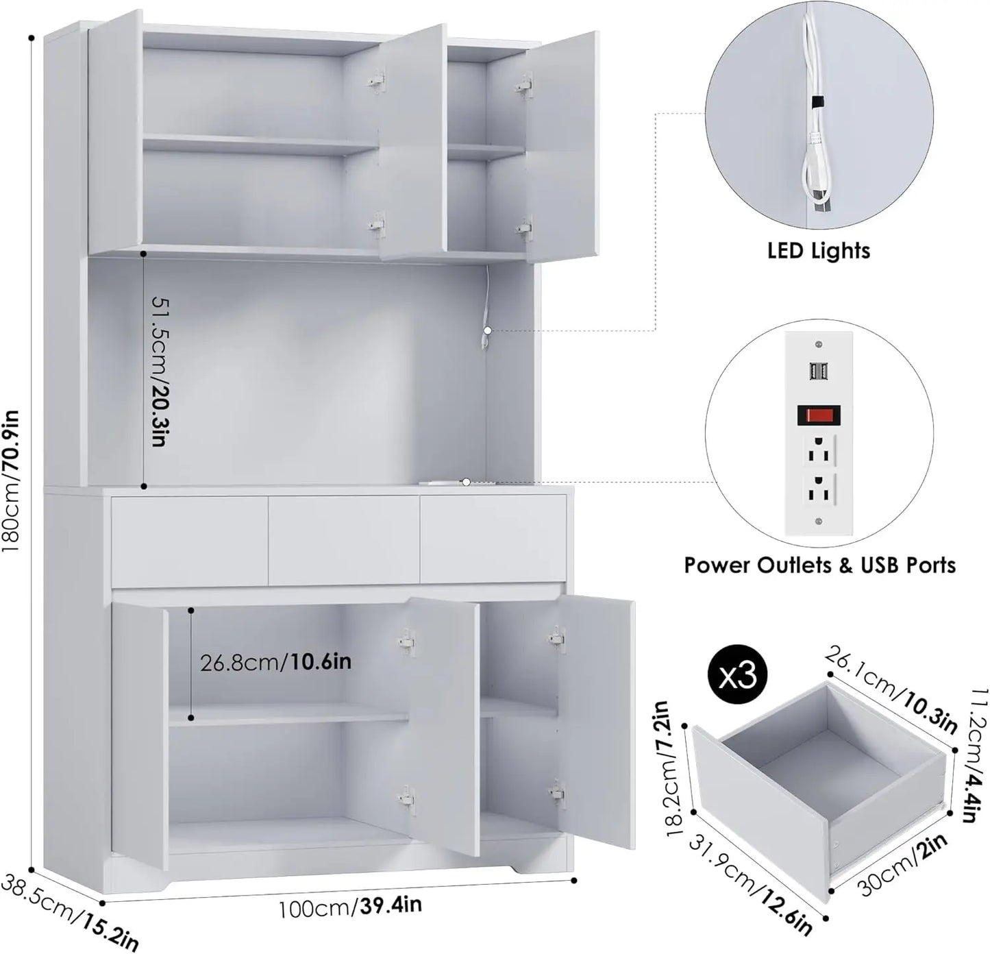 71'' Tall Kitchen Pantry Storage Cabinet with Power Outlets and Led Lights, Large Kitchen Hutch Buffet Cabinet W/ Stand