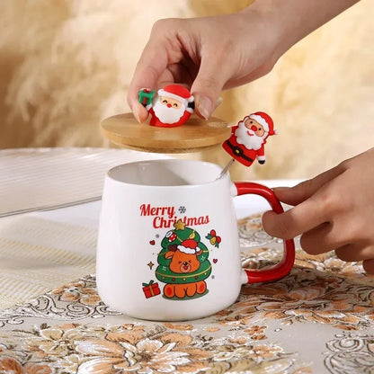 Souvenir Cute Christmas Gift Ceramic Mug with Lid and Spoon - High-value Santa Claus and Reindeer Pattern Coffee Mug