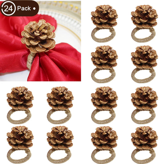 24Pcs Pine Cones Napkin Rings Christmas Handmade Napkin Holder for Thanksgiving Christmas Wedding Party Family Gathering Decor