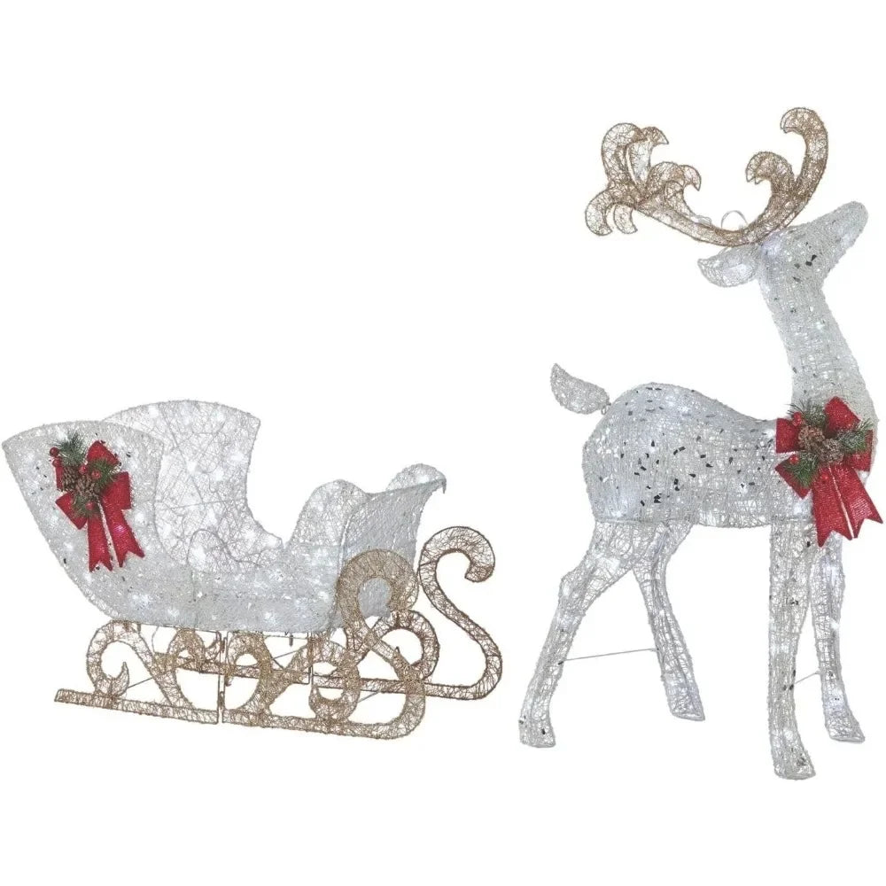 Pre-Lit Metal Reindeer and Sleigh Christmas Decoration with Bright LED Lights, Outdoor Holiday Lawn Decoration,