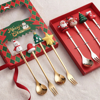 Xmas Party Fork Spoon Kits 4/6Pcs Christmas Stainless Steel Creative Tableware Set Glod Spoon Forks Decoration Cutlery Gift