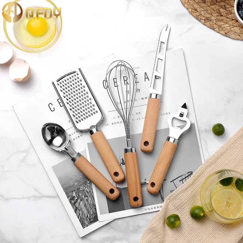 Kitchen gadget set of 9 pieces With Wooden Handle Can Opener Baking Set Cooking Tool Kitchenware Pizza Peeler Cheese Knife