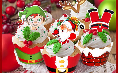 128PCS Christmas Cupcake Toppers Wrappers Santa Claus Snowman Reindeer Gingerbread Cake Decoration for Xmas Party  Baking Tools