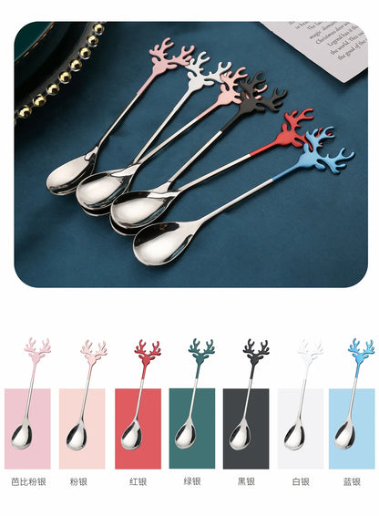 4pcs Christmas Elk Head Shape Stainless Coffee Spoon New Year 2024 Christmas Decoration Table Decor for Home Navidad 2023 Gifts