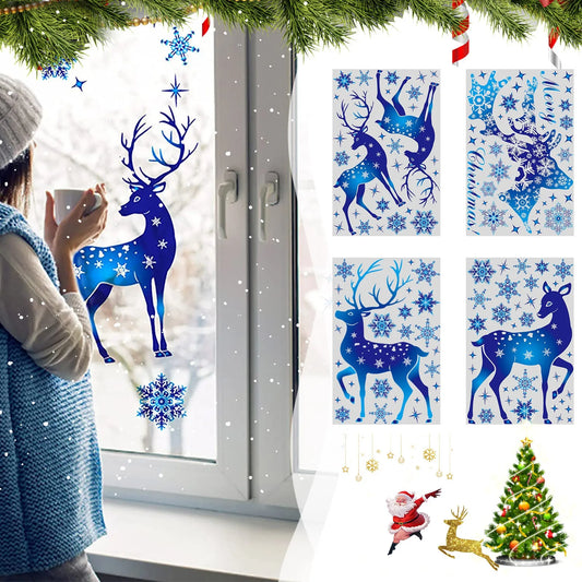 Christmas Blue Snowflake Stickers Blue Elk Snowflake Window Sticker New Year Glass Stickers Noel Stickers Merry Christmas Decor