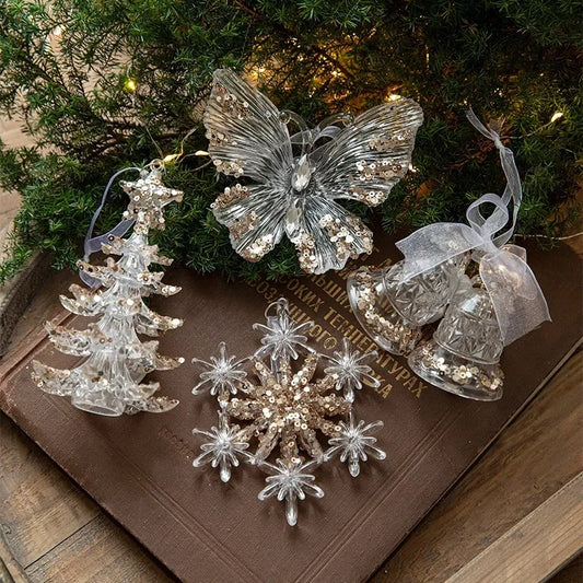 Christmas Decorations Sequin Acrylic Pendant Transparent Snowflake Butterfly Elk Xmas Tree Hanging Ornaments Merry Christmas