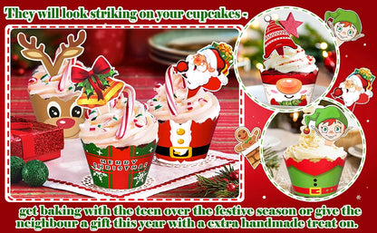 128PCS Christmas Cupcake Toppers Wrappers Santa Claus Snowman Reindeer Gingerbread Cake Decoration for Xmas Party  Baking Tools