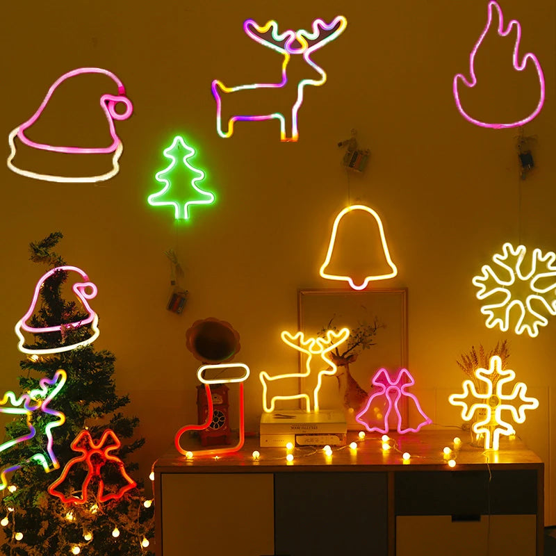 LED Neon Sign Lights Wall Decoration Nightlight Light Christmas Tree Jingle Bell Snowflake Star LED Night Light Christmas Decor