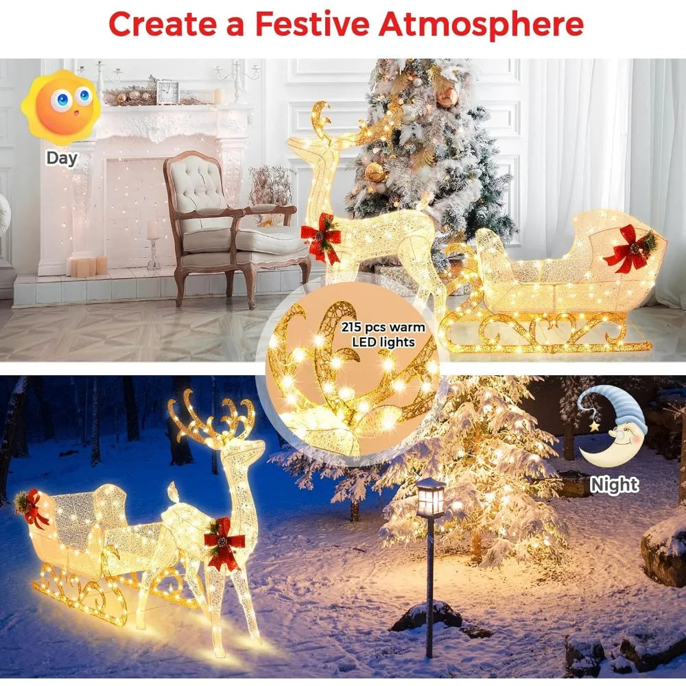 Christmas Lights Reindeer and Santa Claus Sled, Christmas Lights Outdoor Courtyard Decoration, Equipped with LED Lights