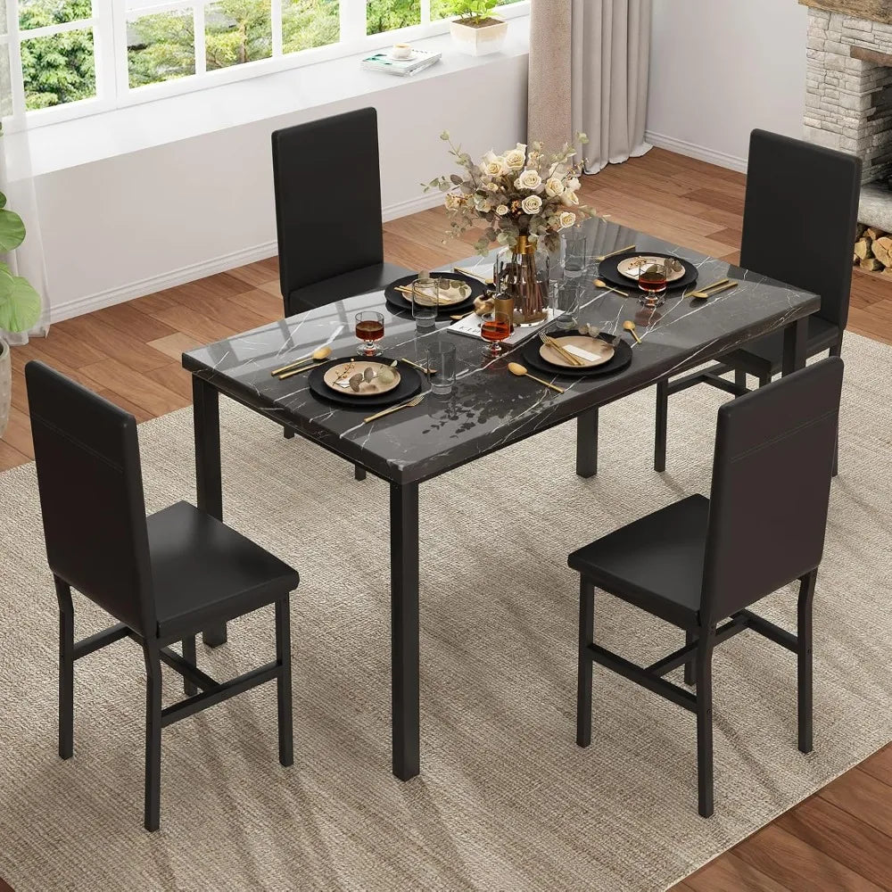 Dining Table Set for 4, 47in Kitchen Table and Chairs Set of 4, Faux Marble Dining Room Table Set with 4 PU Leather Chairs