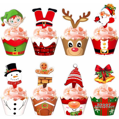 128PCS Christmas Cupcake Toppers Wrappers Santa Claus Snowman Reindeer Gingerbread Cake Decoration for Xmas Party  Baking Tools