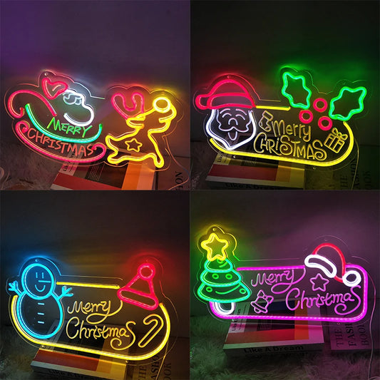 Merry christmas neon ambiance decoration holiday event neon sign, santa claus christmas tree snowman modeling luminous lights