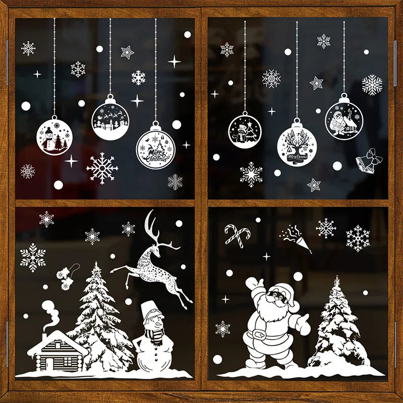 1SET Christmas Tree Window Clings White Reindeer Snowflake Xmas Window Decorations Sticker Reusable Christmas Window Door Decals