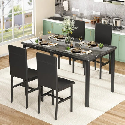 Dining Table Set for 4, 47in Kitchen Table and Chairs Set of 4, Faux Marble Dining Room Table Set with 4 PU Leather Chairs