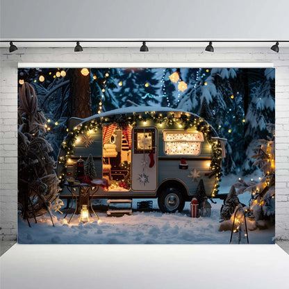 Winter Christmas Snowy Car Background Camping Forest Xmas Trees Gifts Wedding Decor Kids Family Portrait Backdrop Photo Studio