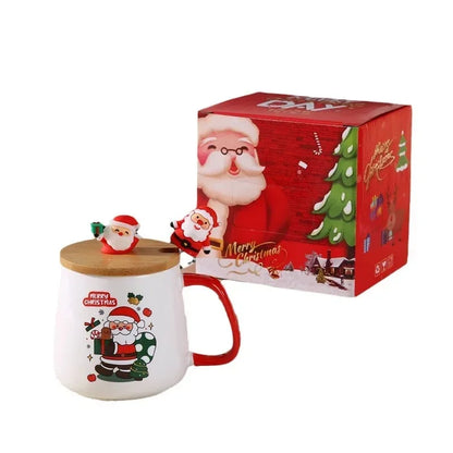 Souvenir Cute Christmas Gift Ceramic Mug with Lid and Spoon - High-value Santa Claus and Reindeer Pattern Coffee Mug