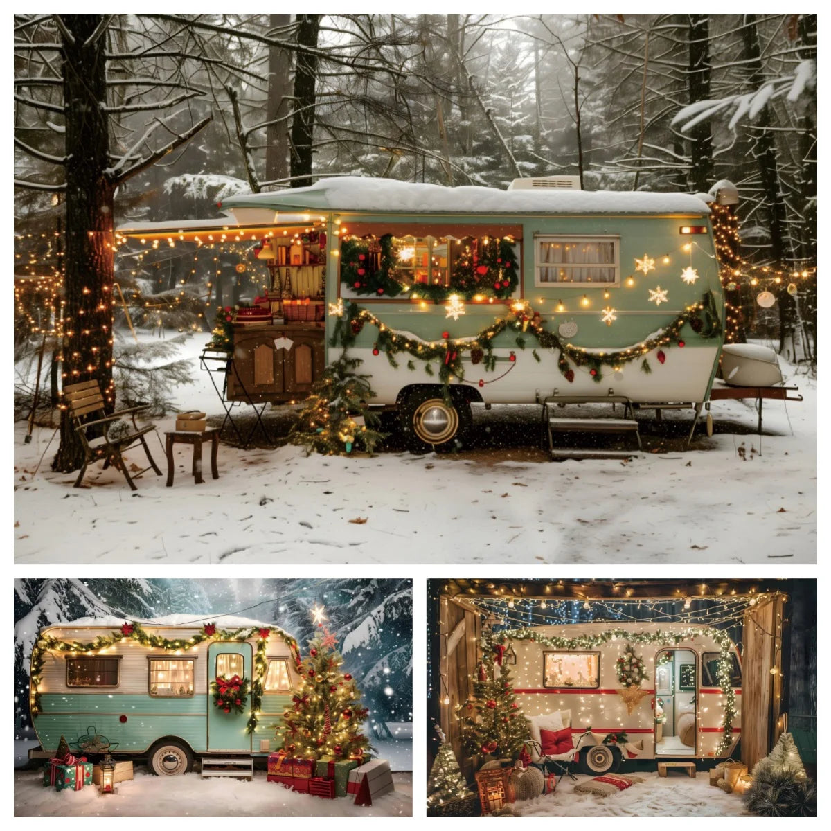 Winter Christmas Snowy Car Background Camping Forest Xmas Trees Gifts Wedding Decor Kids Family Portrait Backdrop Photo Studio