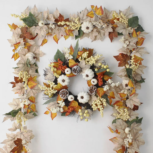 1pcs Autumn Maples Leaf Pumpkin Berry Garland Fall Mantle Fireplace Thanksgiving Halloween Christmas Farmhouse Harvest Decoratio