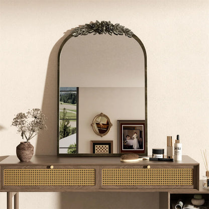 LUVODI Arched Antique Brass Wall Mirror Metal Frame Adorned with Resin Rose Pattern for Entryway,Fireplace,Living Room