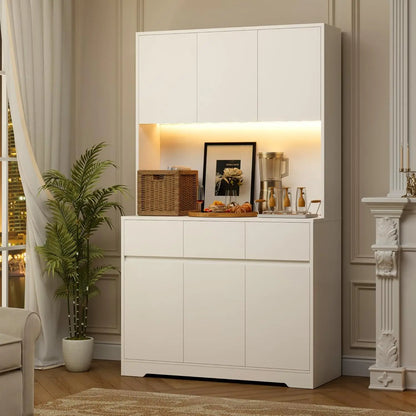 71'' Tall Kitchen Pantry Storage Cabinet with Power Outlets and Led Lights, Large Kitchen Hutch Buffet Cabinet W/ Stand