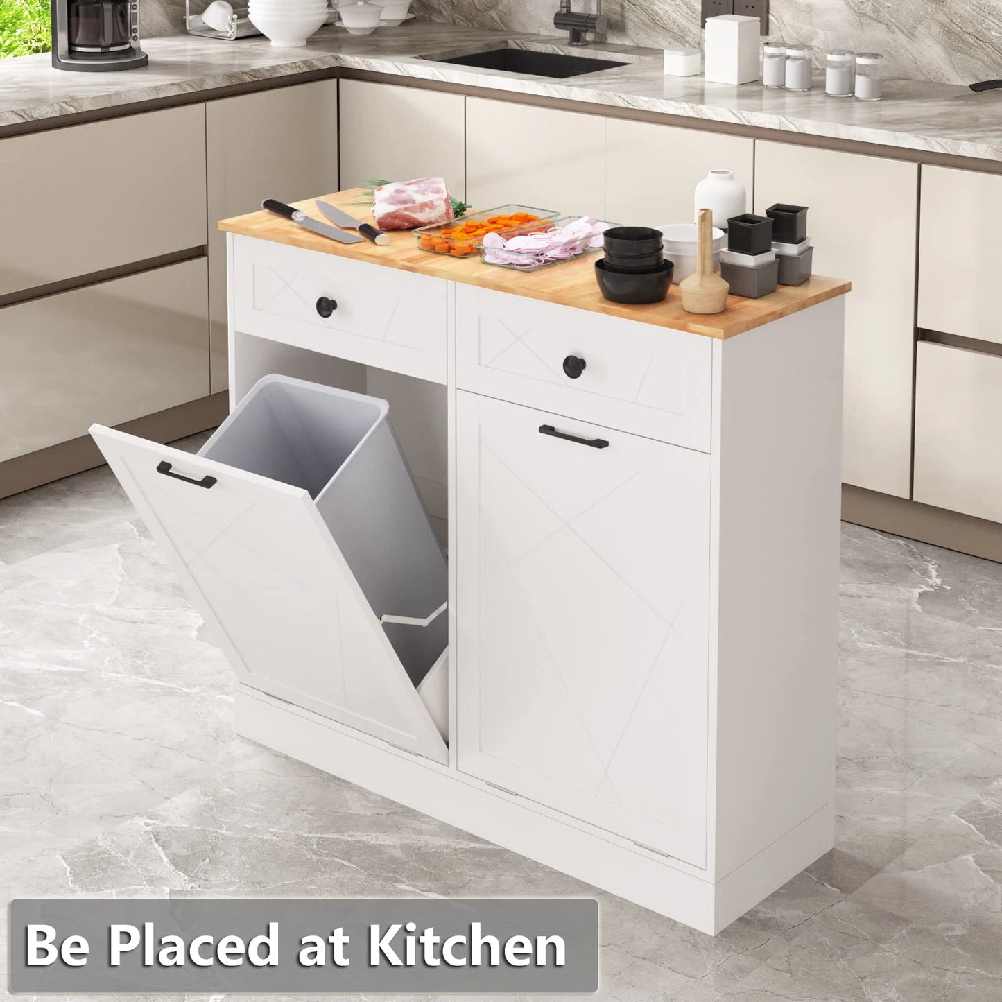 Kitchen Island Counter Trash Cabinet Wood White Trash Can Freestanding Tilt Out Trash Bin Holder for Kitchen Dining Room