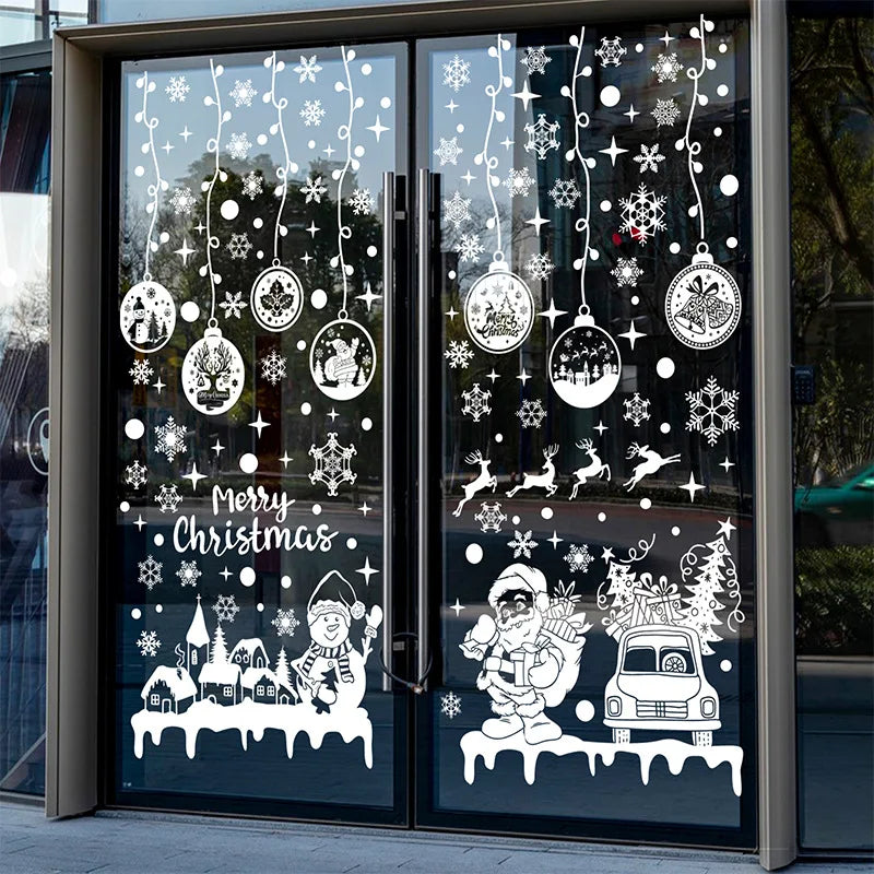 1SET Christmas Tree Window Clings White Reindeer Snowflake Xmas Window Decorations Sticker Reusable Christmas Window Door Decals