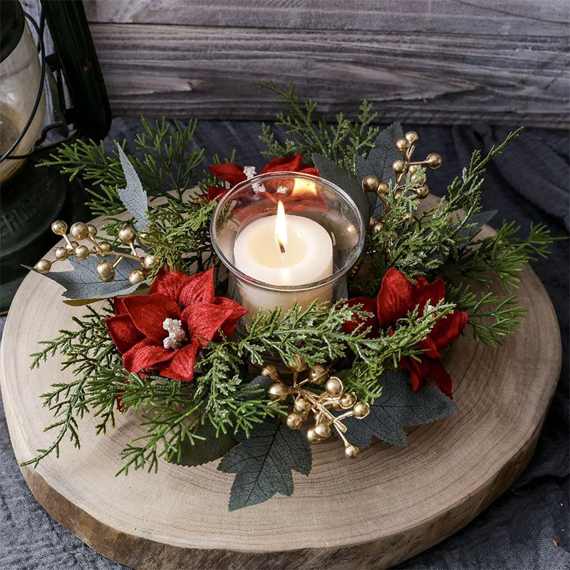 Christmas Candlestick Wreath Artificial Flowers Garland Candle Ring Xmas Table Decoration Candle Holder Wreath Xmas Home Decor