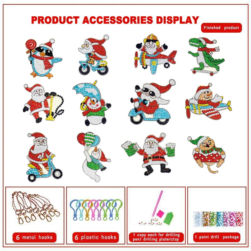 24Pcs Vintage Diamond Painting Keychains Double Sided Diamond Key Chain Kit DIY Diamond Art Vintage Santa Claus Reindeer Snowman