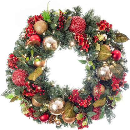 [30 Inch Artificial Christmas Wreath] - Scarlet Hydrangea Collection - Red and Gold Decoration - Pre Lit with 50 Warm Clear Colo