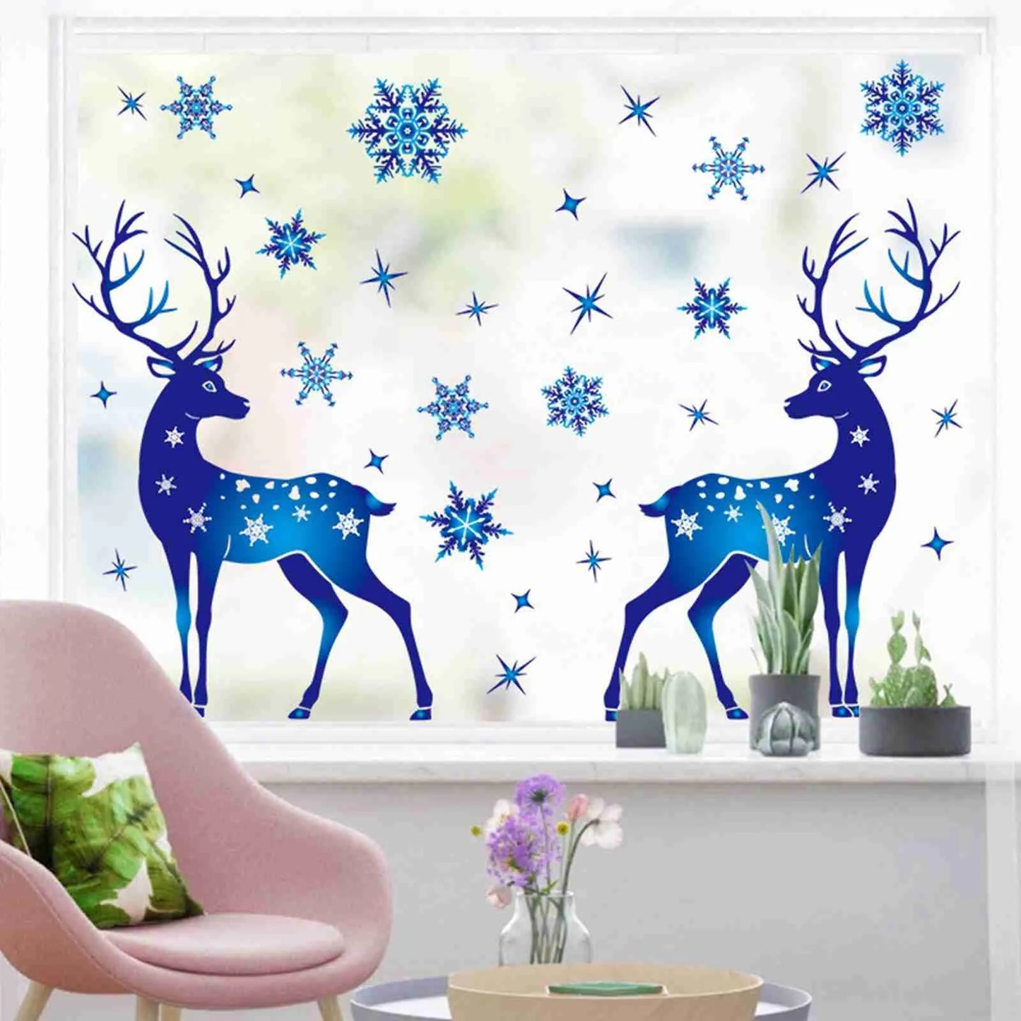 Christmas Blue Snowflake Stickers Blue Elk Snowflake Window Sticker New Year Glass Stickers Noel Stickers Merry Christmas Decor