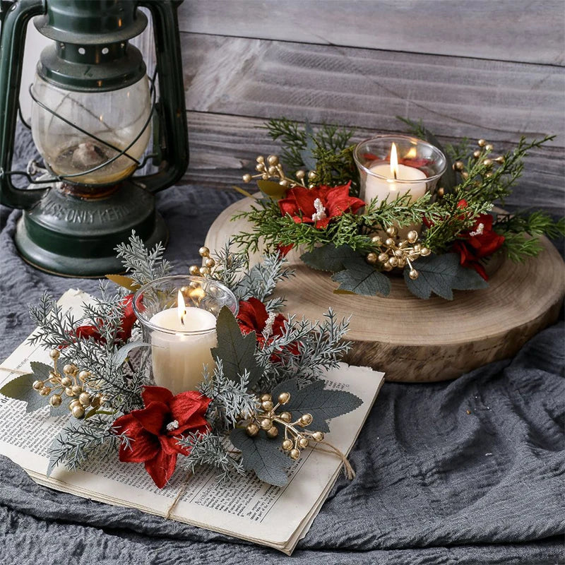 Christmas Candlestick Wreath Artificial Flowers Garland Candle Ring Xmas Table Decoration Candle Holder Wreath Xmas Home Decor