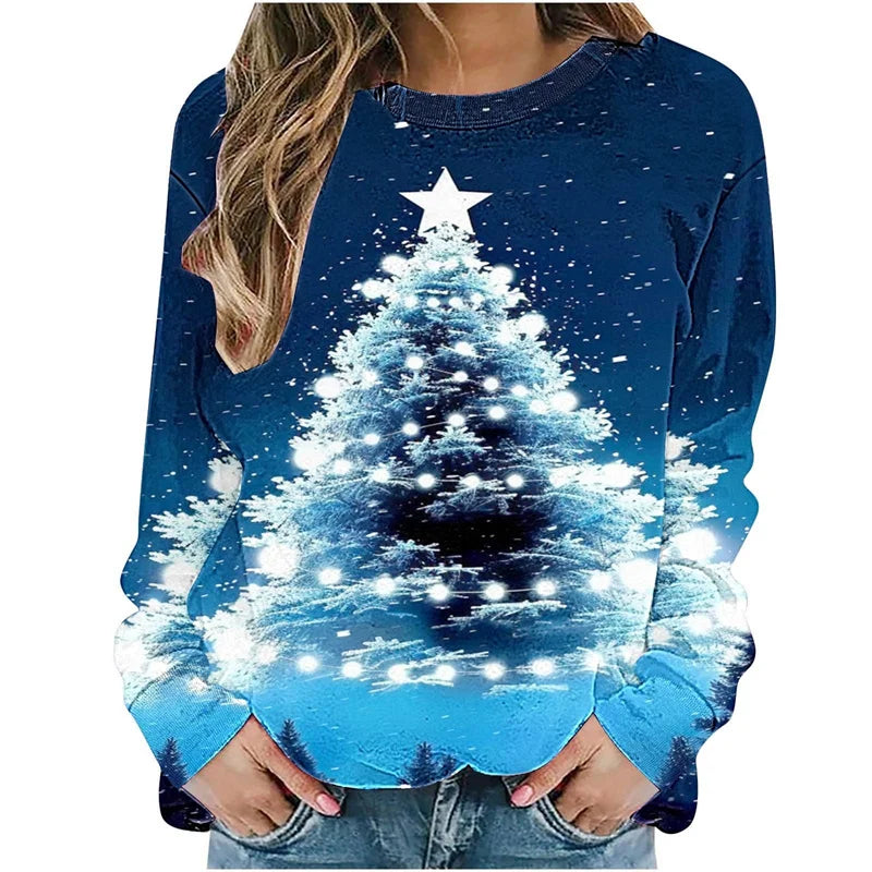 Harajuku 3D Funny Christmas Trees Printing Sweatshirts Reindeer Xmas Graphic Ugly Christmas Sweatshirts Mens Round Neck Hoodies