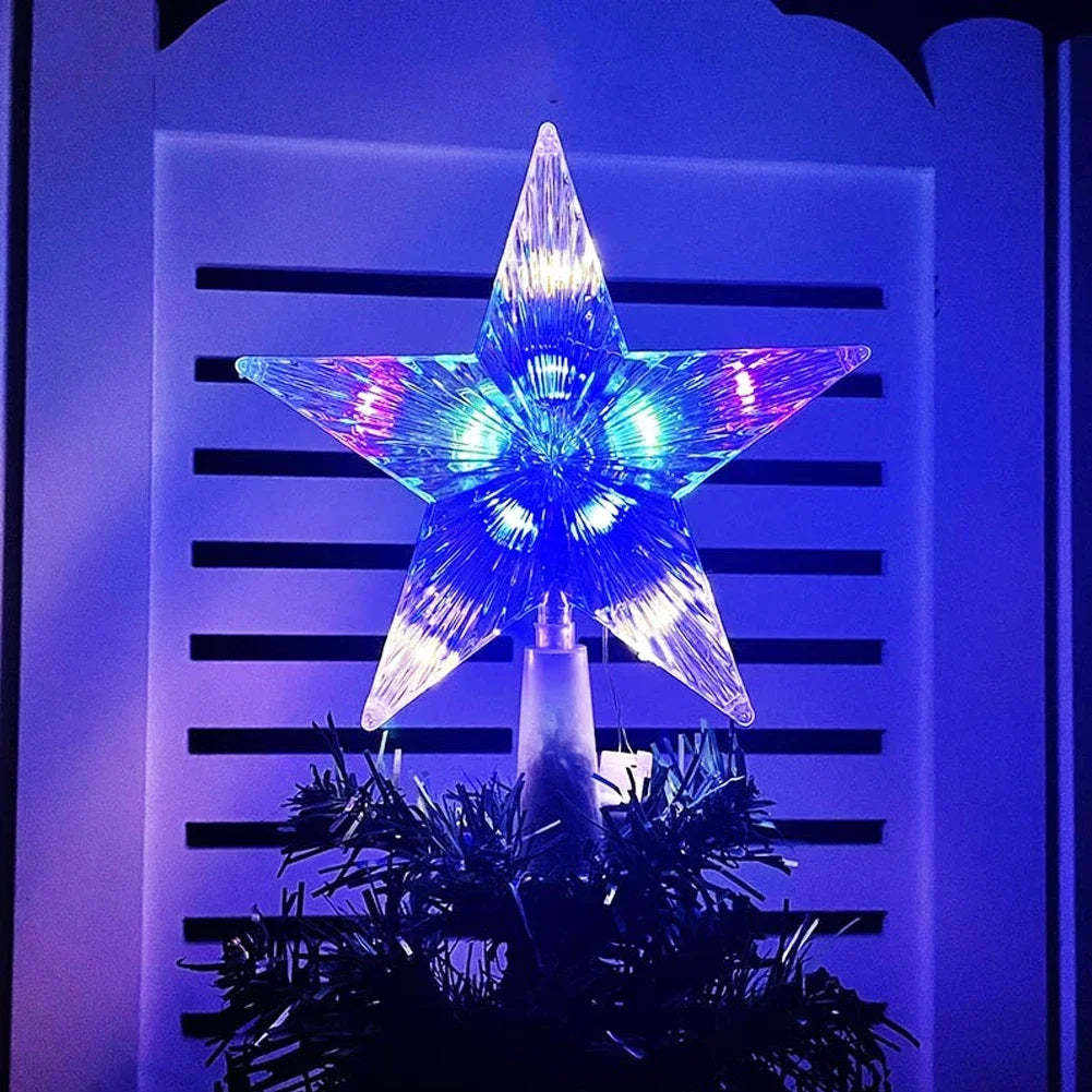 Glowing Christmas 15cm Tree Topper Xmas Tree Transparent Five-pointed Star Ornament Star Topper with LED Light for Home Decor