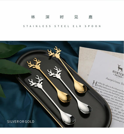 4pcs Christmas Elk Head Shape Stainless Coffee Spoon New Year 2024 Christmas Decoration Table Decor for Home Navidad 2023 Gifts