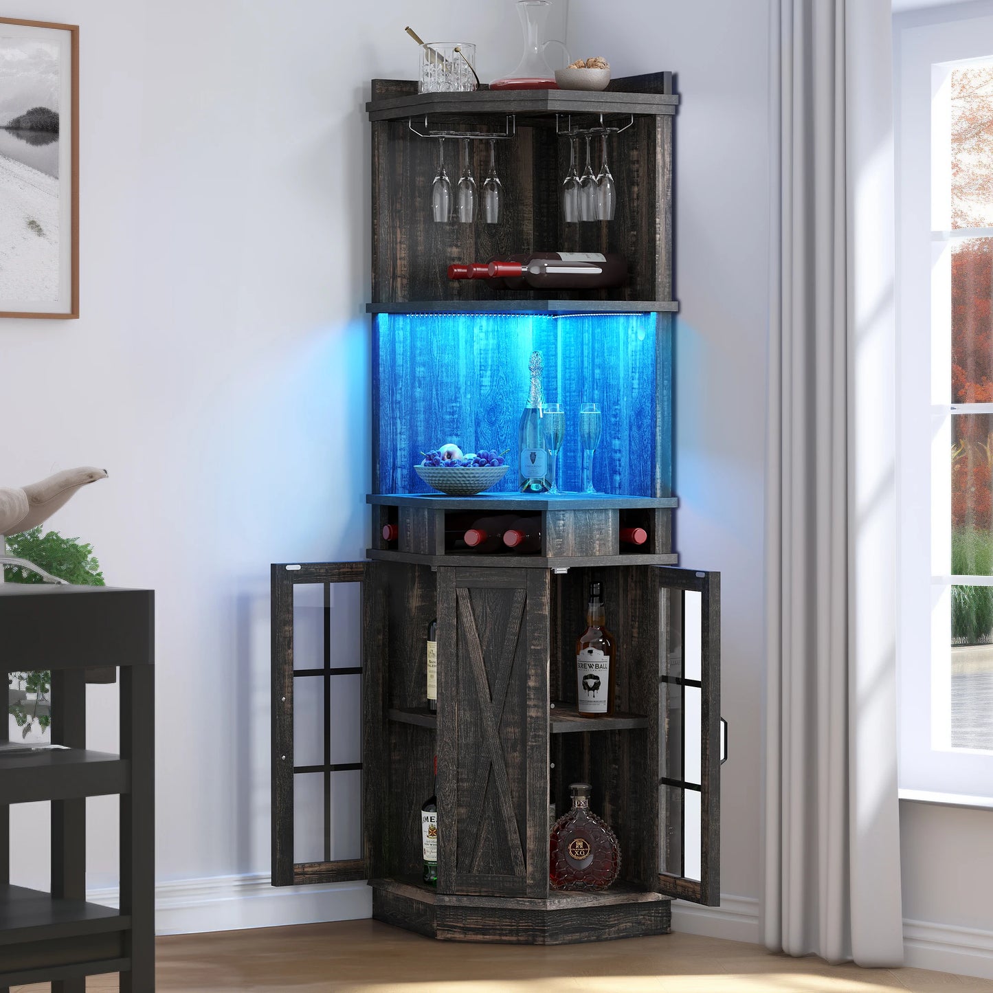 72" Corner Bar Cabinet w/ Glass Door & LED Lights 6-Tier Kitchen Alcohol Cabinet