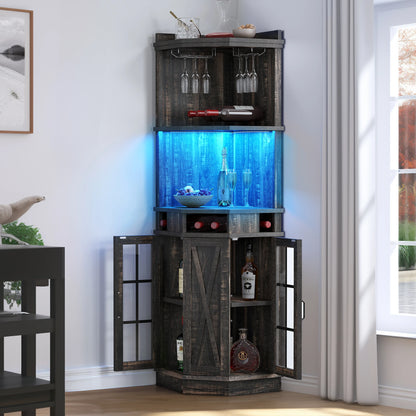 72" Corner Bar Cabinet w/ Glass Door & LED Lights 6-Tier Kitchen Alcohol Cabinet