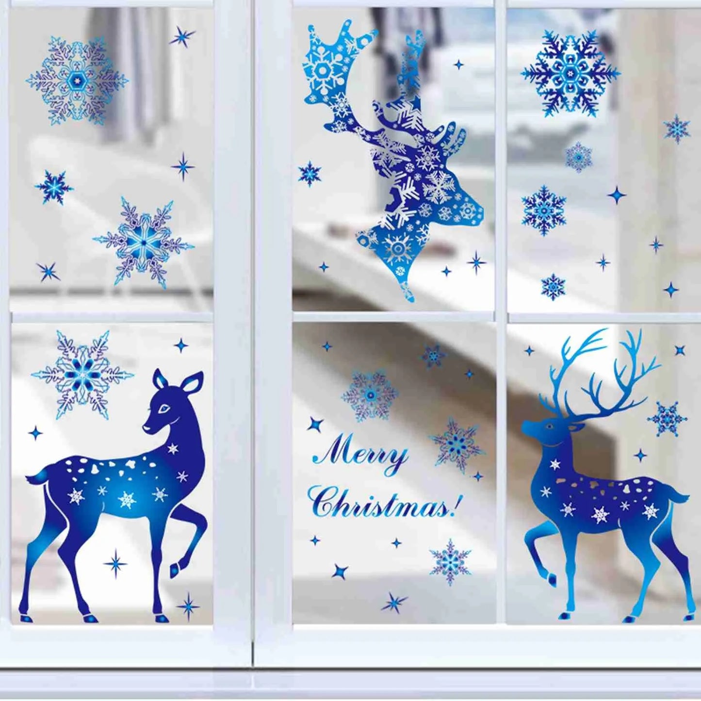 Christmas Blue Snowflake Stickers Blue Elk Snowflake Window Sticker New Year Glass Stickers Noel Stickers Merry Christmas Decor