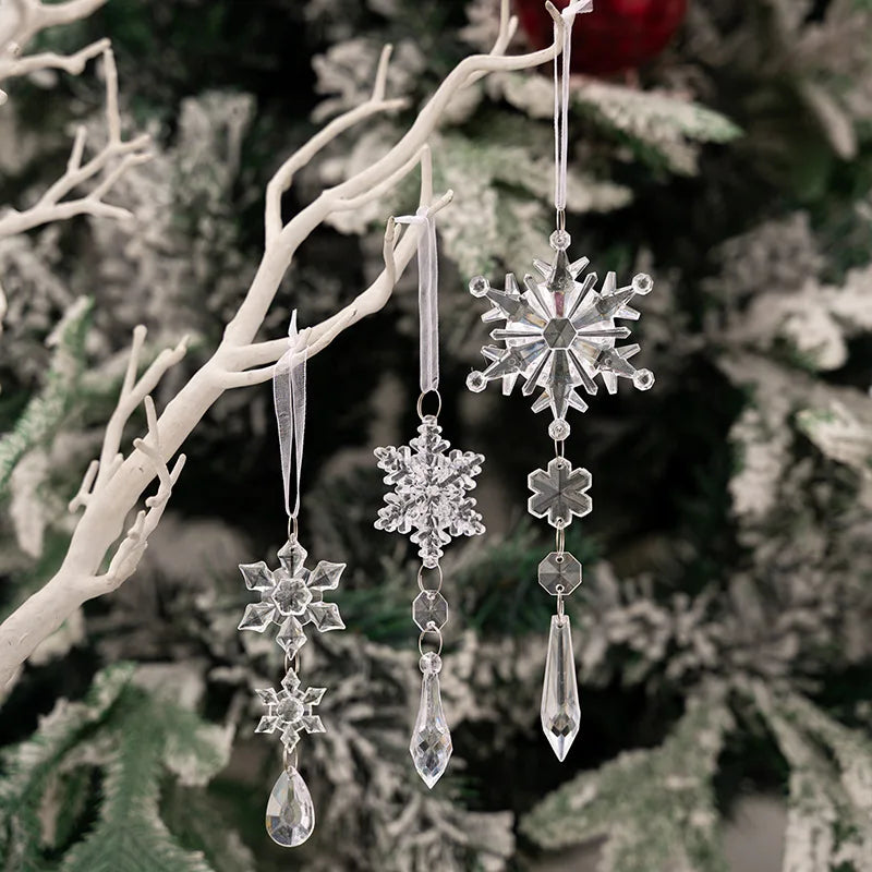 6pcs Crystal Christmas Ornaments for Christmas Tree Decorations-Hanging Acrylic Snowflake Icicle Ornaments with Drop Pendants