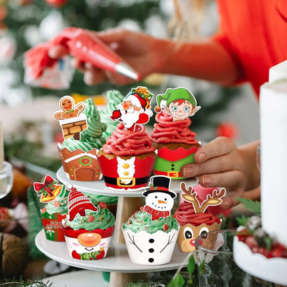 128PCS Christmas Cupcake Toppers Wrappers Santa Claus Snowman Reindeer Gingerbread Cake Decoration for Xmas Party  Baking Tools