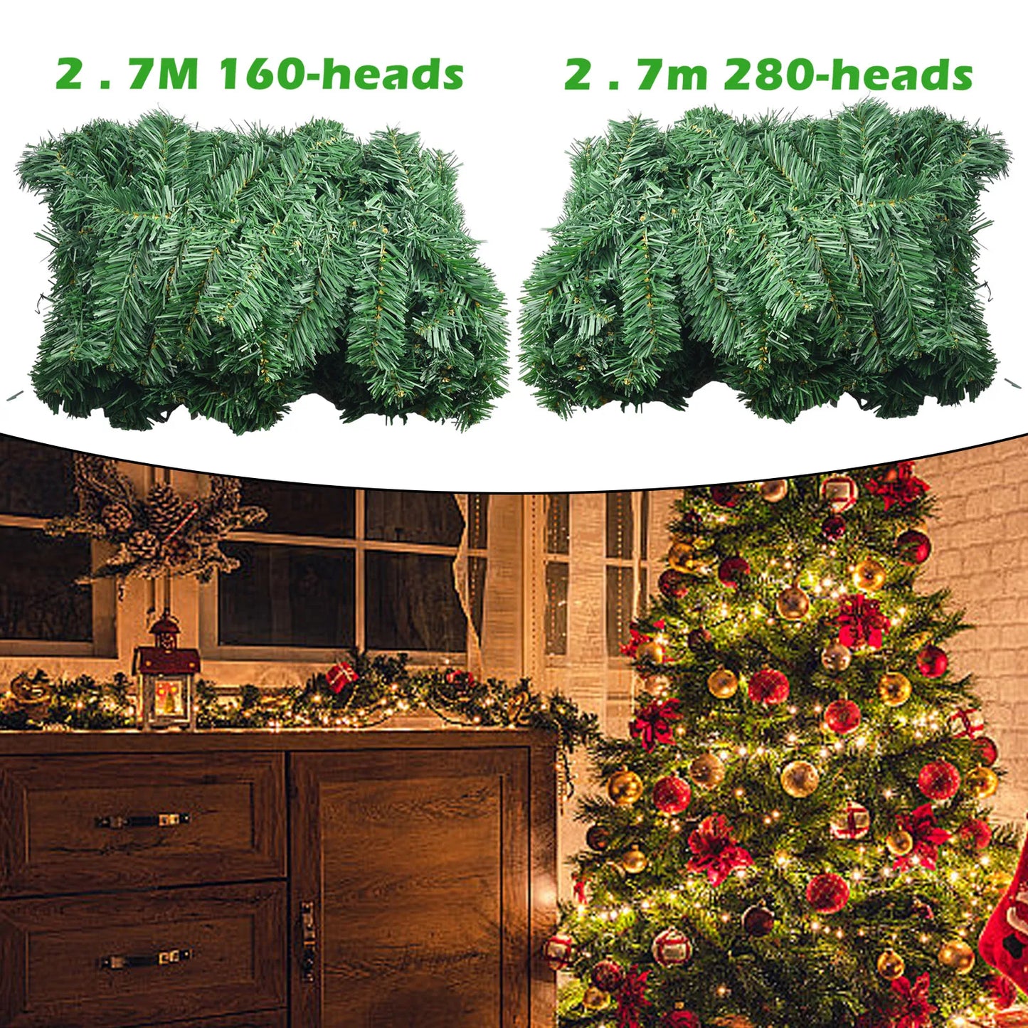 270cm Artificial Fir Wreath Christmas Artificial Green Garland Wreath Xmas Home Party Christmas Decoration Pine Tree Rattan