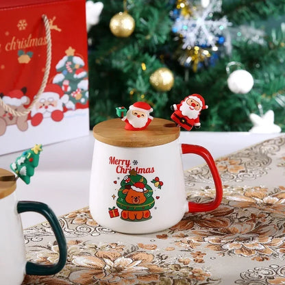 Souvenir Cute Christmas Gift Ceramic Mug with Lid and Spoon - High-value Santa Claus and Reindeer Pattern Coffee Mug