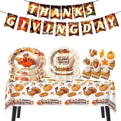 Thanksgiving Turkey Cartoon Theme Disposable Tableware Paper Plates Cups Balloons Flag Birthday Family Party Decoration Supplies