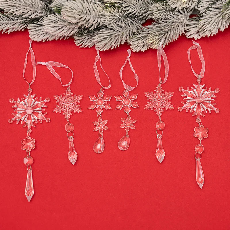 6pcs Crystal Christmas Ornaments for Christmas Tree Decorations-Hanging Acrylic Snowflake Icicle Ornaments with Drop Pendants