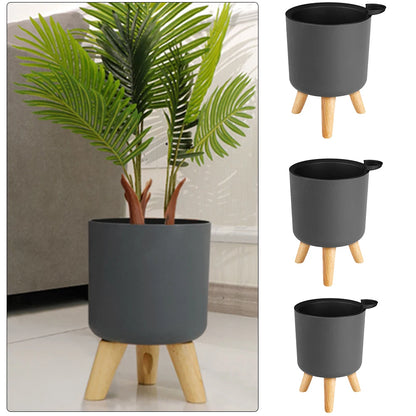 Floor-standing Round Flower Pot Feet Herbs Self Watering Drainage System Bonsai For Plants With Wooden Legs Nursery Modern