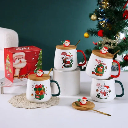 Souvenir Cute Christmas Gift Ceramic Mug with Lid and Spoon - High-value Santa Claus and Reindeer Pattern Coffee Mug