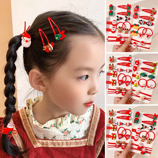 Kids Christmas Headwear Set Cute Santa Claus Tree Deer Princess Girl Hair Ropes Hairpins Kids Red Hair Clips Xmas Gifts for Girl