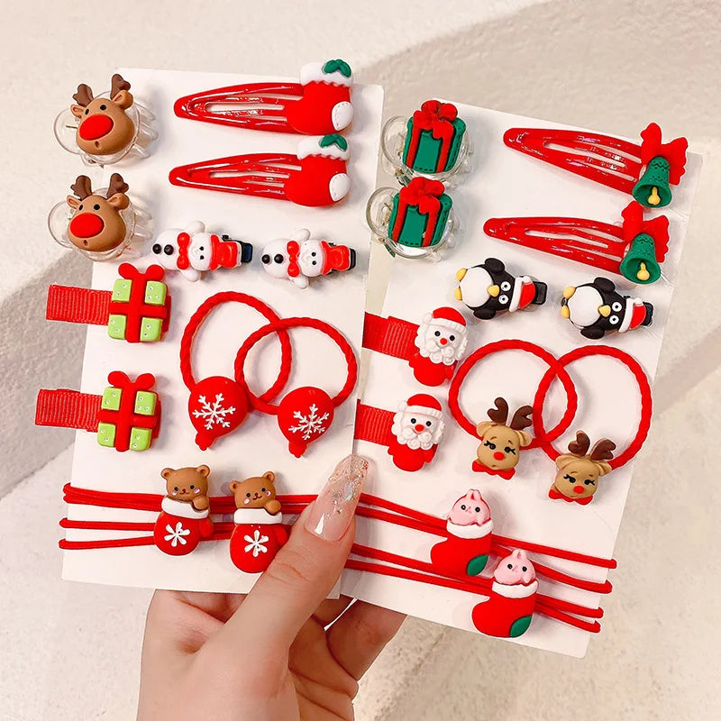 Kids Christmas Headwear Set Cute Santa Claus Tree Deer Princess Girl Hair Ropes Hairpins Kids Red Hair Clips Xmas Gifts for Girl